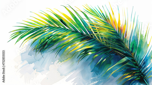 Vibrant watercolor painting of a palm branch, symbolizing Palm Sunday celebration in Christian tradition. photo