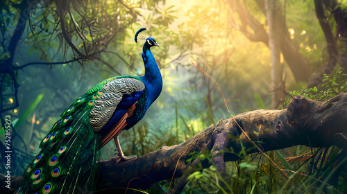 beautiful peacock in tranquil forest nature landscape photo
