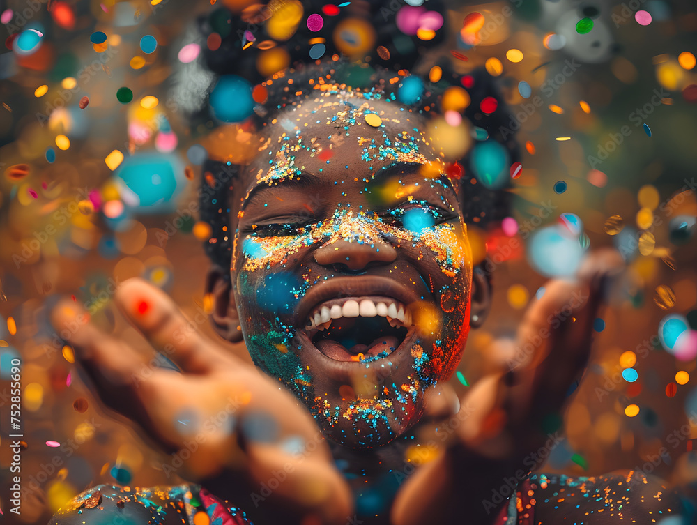 Person blowing glitter from hands. Celebration and party concept with copy space. Close-up photography of sparkles and confetti. person joyfully tossing handfuls of confetti into the air - obrazy, fototapety, plakaty 