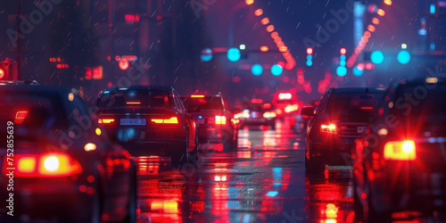 Rainy Night Traffic with Reflective Red Lights. A vivid depiction of a rainy night on a busy street  where the red taillights of cars reflect on the shimmering wet asphalt.