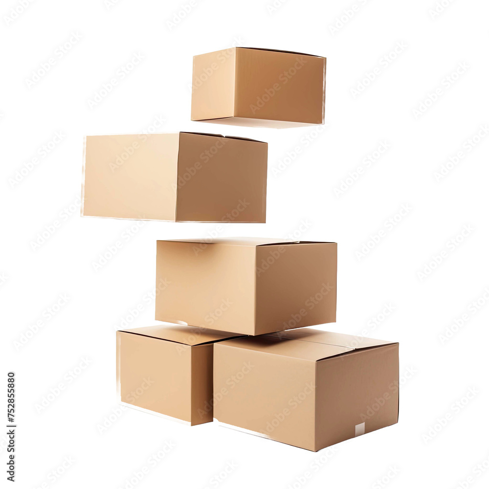 five levitating closed cardboard boxes on a white isolated background. five levitating closed cardboard boxes on a white isolated background.