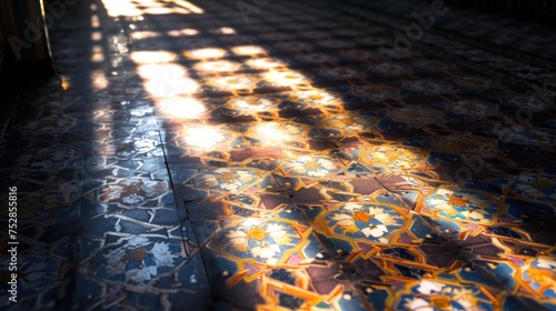 Creative traditional windows in Arabesque style, sunset light entering the building, Islamic concept photo