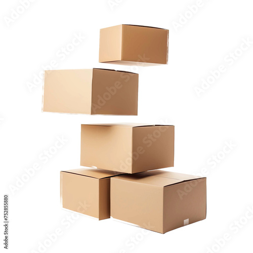 five levitating closed cardboard boxes on a white isolated background. © Sabbir Dzns