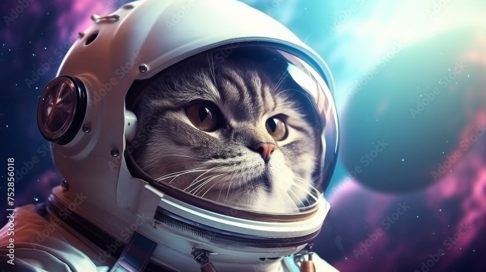 A cat in an astronaut helmet gazes into space, with cosmic backgrounds of stars and nebulae. The image displays a creative blend of sci-fi and pet themes