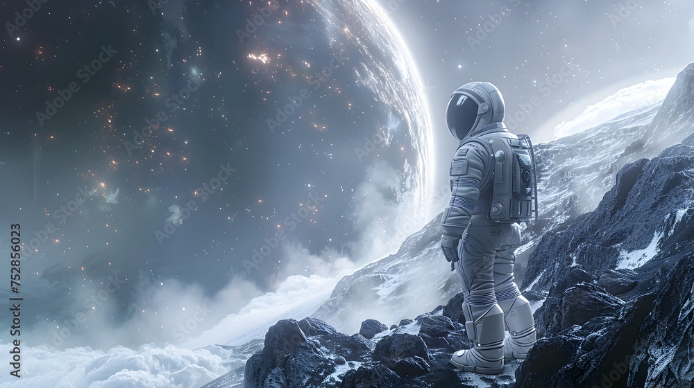 Astronaut walks through rocky area while viewing planets To uniquely convey the feeling of exploration and discovery in space. Astronaut walks through rocky area while viewing planets To uniquely convey the feeling of exploration and discovery in space.