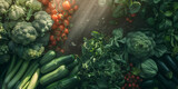 Top view of many kind of organic vegetables and recipes fruits dynamic arrangement background with sun rays.