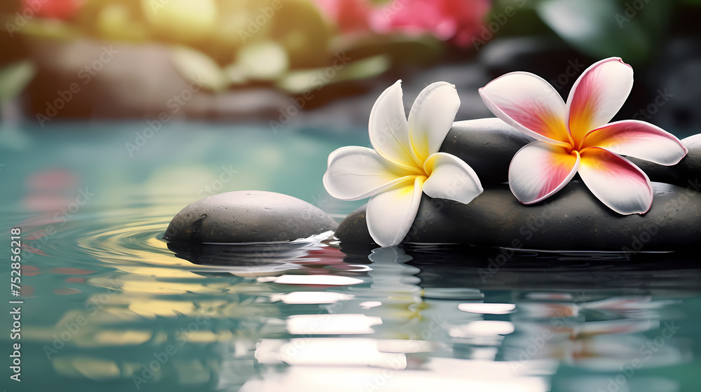 Soothing zen background with pebbles and flowers Soothing zen background with pebbles and flowers