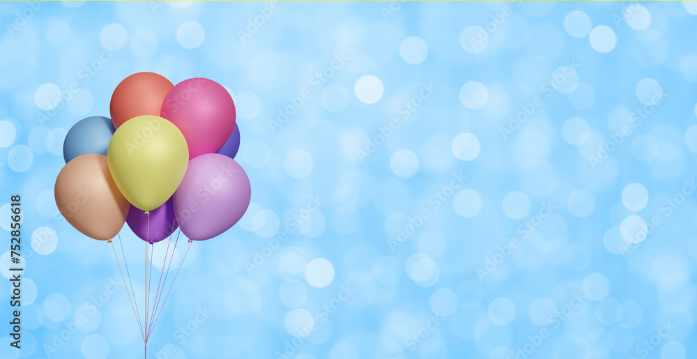 Bunch of colorful balloons on blurred blue background. Empty space for text. 3d rendering