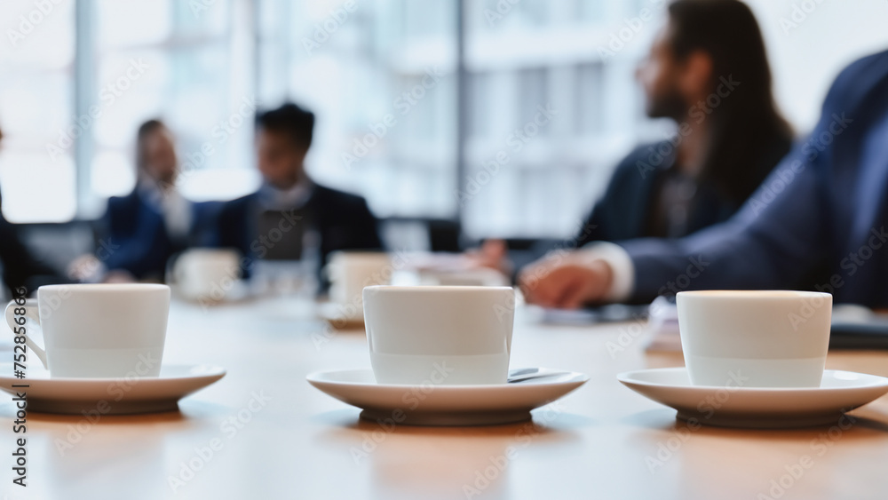 Close-Up of Coffee Cups on a Conference Room Table in Front of Business People Talking