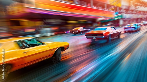 Super cars speed away from the camera in a drag race, showcasing vibrant colors with the environment in motion blur.