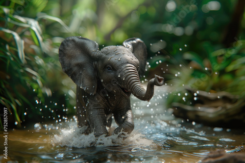 a baby elephant playfully splashing in a river, surrounded by lush greenery.