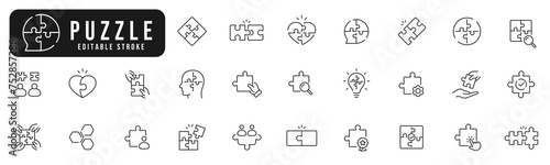 Set of puzzle line icons. Jigsaw, solution, solve, piece, idea, team etc. Editable stroke