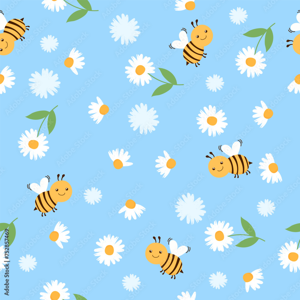 Cute hand drawn spring summer flower bees honey Bright pattern fabric cloth wallpaper wrap paper. 