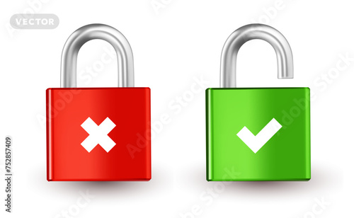 Vector security illustration of locked and unlocked padlock on white background. 3d style design of metallic shine red and green padlock with cross and check mark