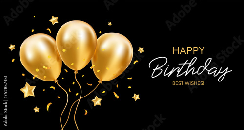 Vector holiday template design of bunch of golden flying balloon with star and text on black background. 3d realistic happy birthday illustration with bunch of golden air helium balloon