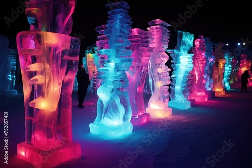 Glowing Ice Sculptures Festival: Colorful lights on frozen sculptures. photo