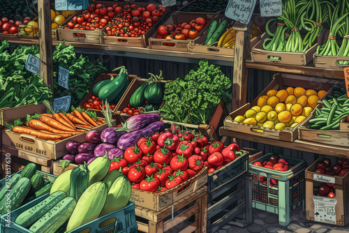 A detailed illustration of a farmer's market overflowing with fresh, locally sourced produce © ebhanu