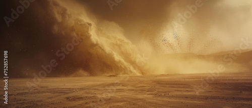 Awe-inspiring sandstorm surges across a barren landscape at dusk.