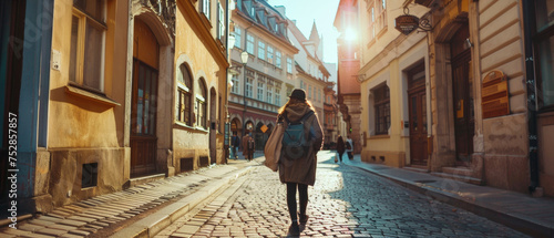 Solo traveler strolls through a sunlit, cobblestoned European alley. © Ai Studio