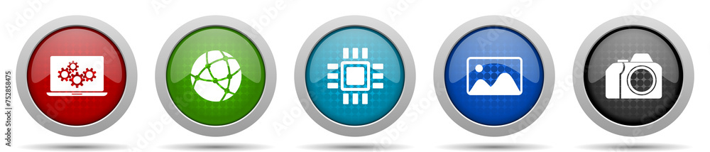 Computer and technology icons, miscellaneous buttons such as laptop, network, chip, image and photo camera, circle glossy web icon collection Computer and technology icons, miscellaneous buttons such as laptop, network, chip, image and photo camera, circle glossy web icon collection