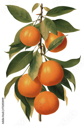 Tangerine isolated on transparent background old botanical illustration