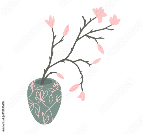 Magnolia flower vector illustration. Branch of blooming magnolia in vintage ceramic Chinese vase floral pattern. Blossom bunch of pink flowers. Trendy design interior decor. Art of arranging blooms