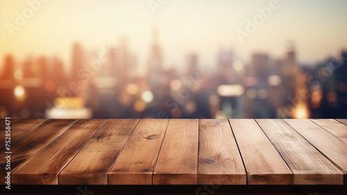 Wooden table on blurred city background.