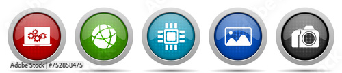 Computer and technology icons, miscellaneous buttons such as laptop, network, chip, image and photo camera, circle glossy web icon collection