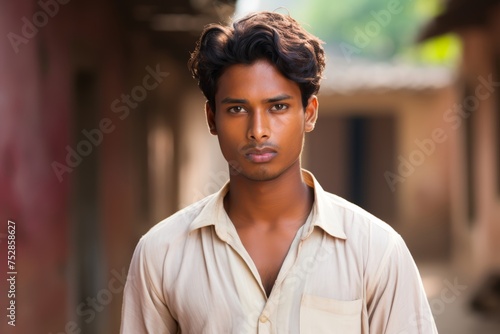 Young Dalit man in his early 20s, dressed in simple yet dignified traditional attire, his gaze direct and hopeful, embodying the aspirations and resilience of the Dalit youth striving for c © Hanna Haradzetska