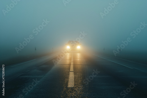 Car is driving through the fog. Poor visibility. Created with Generative AI technology.