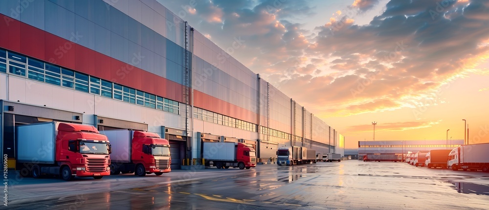 A bustling commercial warehouse exterior by day trucks loading cargo highlighting the efficiency of logistic operations and distribution - obrazy, fototapety, plakaty 