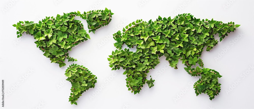 World map made of green leaves isolated on white background. Visual ...