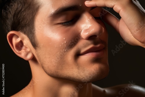 
Close-up of a man applying a refreshing toner to his skin, embodying soft masculinity through his commitment to maintaining a healthy and radiant complexion photo