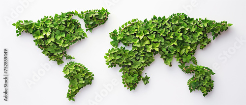 World map made of green leaves isolated on white background. Visual metaphor for environmental awareness and climate change.