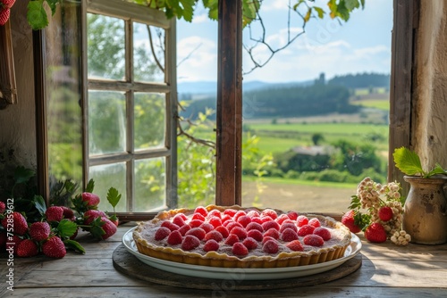 Clafoutis filled with strawberries on a table in a country house with open windows and a view of green fields. French pie. Concept restaurant menu, culinary blog, social media.