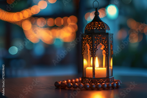 Lantern with burning candle and prayer beads on table against blurred lights 