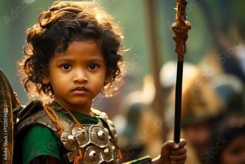 Spirited and adventurous nature of a young Kshatriya child, dressed in traditional attire, perhaps wielding a toy sword or shield, embodying the valor and bravery associa photo