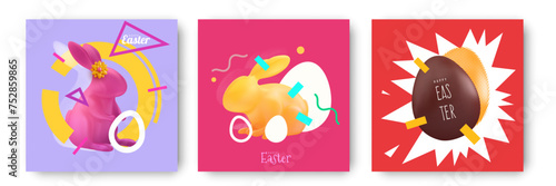 Happy easter. Set background composition for card, cover, poster in modern bright abstract style. Collection festive pop art collages. Vector holiday illustration.