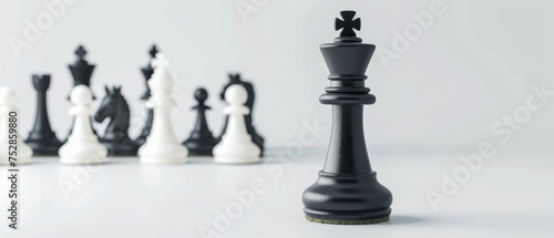 A single black king chess piece stands tall among white counterparts.