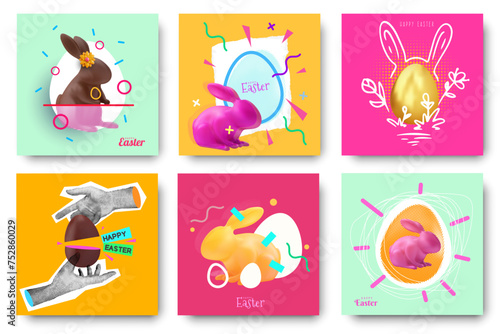 Happy easter. Set background composition for card, cover, poster in modern bright abstract style. Collection festive pop art collages. Vector holiday illustration.