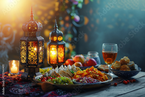 Muslim Ramadan Mubarak iftar table shows Ramadan foods and lantern light with holy month eid Mubarak concept background 