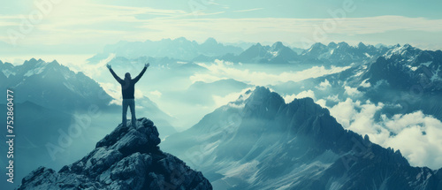 Triumphant hiker celebrates atop a mountain peak, surrounded by a breathtaking cloud-filled vista.