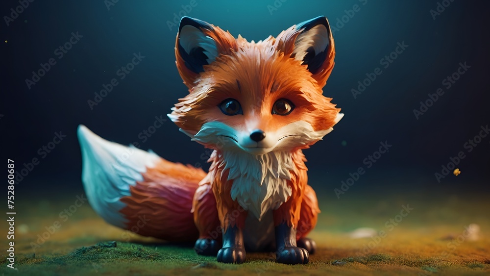 An illustration of a fox sitting on a green, moss-covered surface is depicted, with the fox in a three-quarters view. The fox features big, round, bright eyes that blend light green and brown, with br - obrazy, fototapety, plakaty 