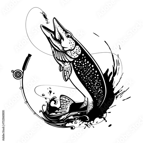 Pike fish fishing emblem. Isolated detailed pike vector logo. Handdrawn fishing theme.