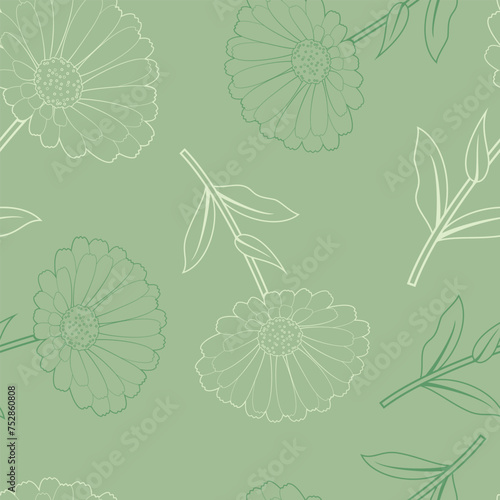 Floral seamless pattern. Beautiful flowers on green background. Vector line art illustration.