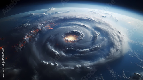 Space view of the eye of a huge hurricane  spinning above the Earth