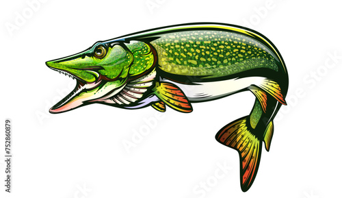 Pike fish fishing emblem. Isolated detailed pike vector logo. Handdrawn fishing theme.