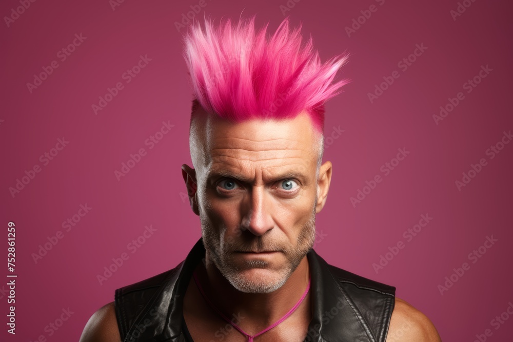 Close-up shot of a fashionable middle-aged man, around 43 years old, of Caucasian descent, with a trendy pink mohawk hairstyle, expressing his rebellious and youthful spirit
Close-up shot of a fashionable middle-aged man, around 43 years old, of Caucasian descent, with a trendy pink mohawk hairstyle, expressing his rebellious and youthful spirit