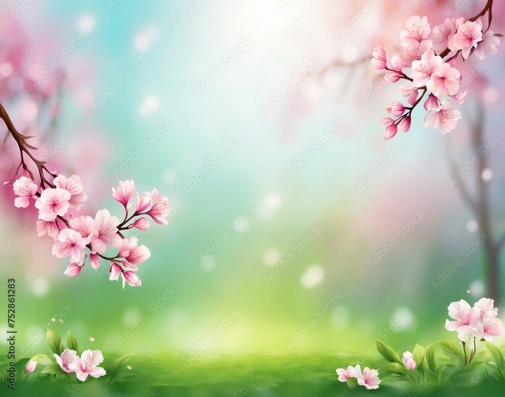 Pink sakura blossoms bloom on a tree branch, creating a beautiful spring background