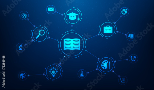 e learning education online digital technology with icon on blue background. internet lessons and teaching with symbol. knowledge learning network concept.  vector illustration flat design.
